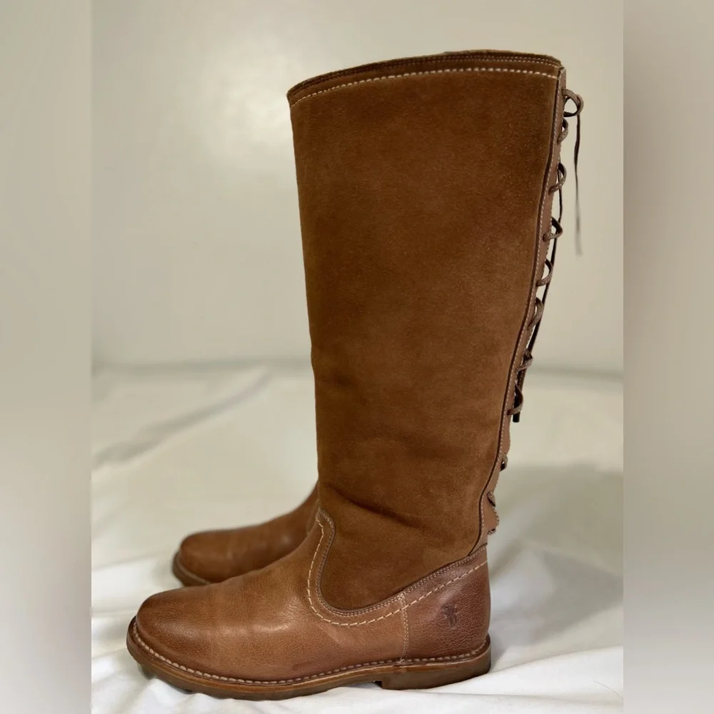 Frye Riding Cozy Tall leather Shearling lined Equestrian Boots Lace Up Back - Picture 4 of 13